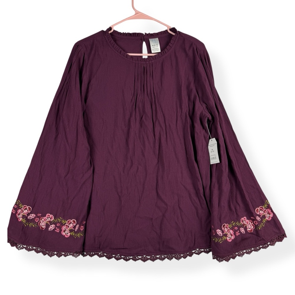 Time and Tru Embroidered Peasant Top Womens M Medium Long Bell Sleeves Burgundy